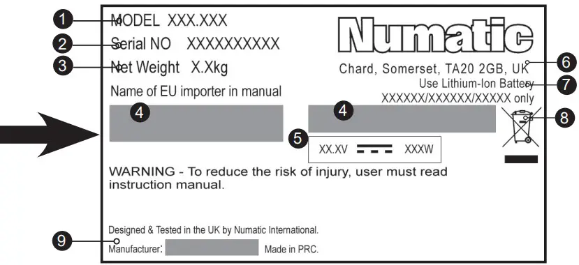 Numatic NQ100 Henry Stick Vacuum Cleaner - Rating Label