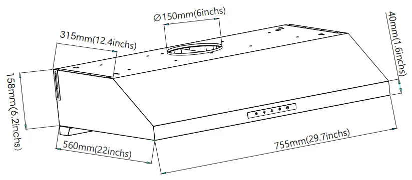 VESTA VRH-ARLINGTON-30SS Arlington 850CFM 30 Inch Stainless Steel Under Cabinet - Product Dimension