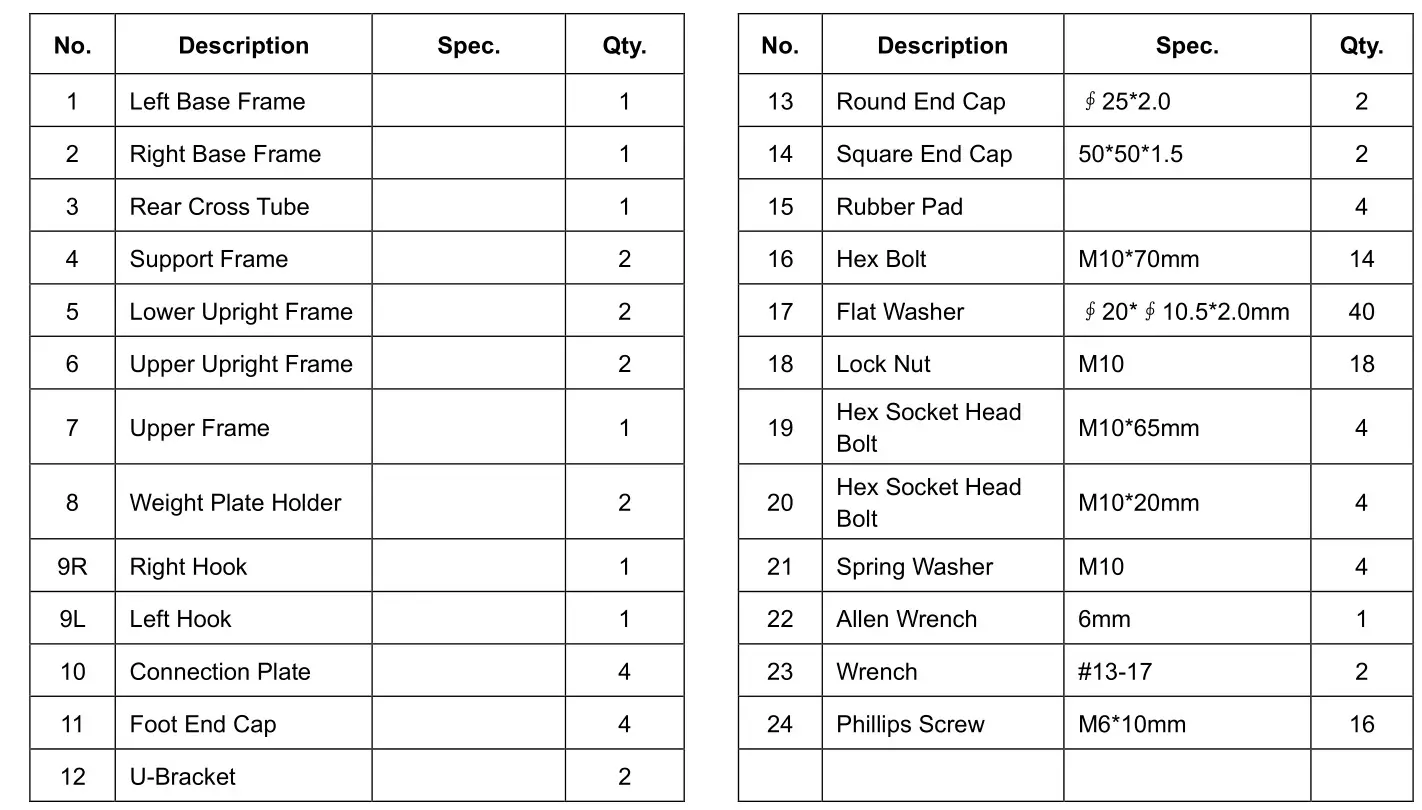 SUNNY HEALTH FITNESS SF-XF922059 Squat Stand Power Rack - PARTS LIST