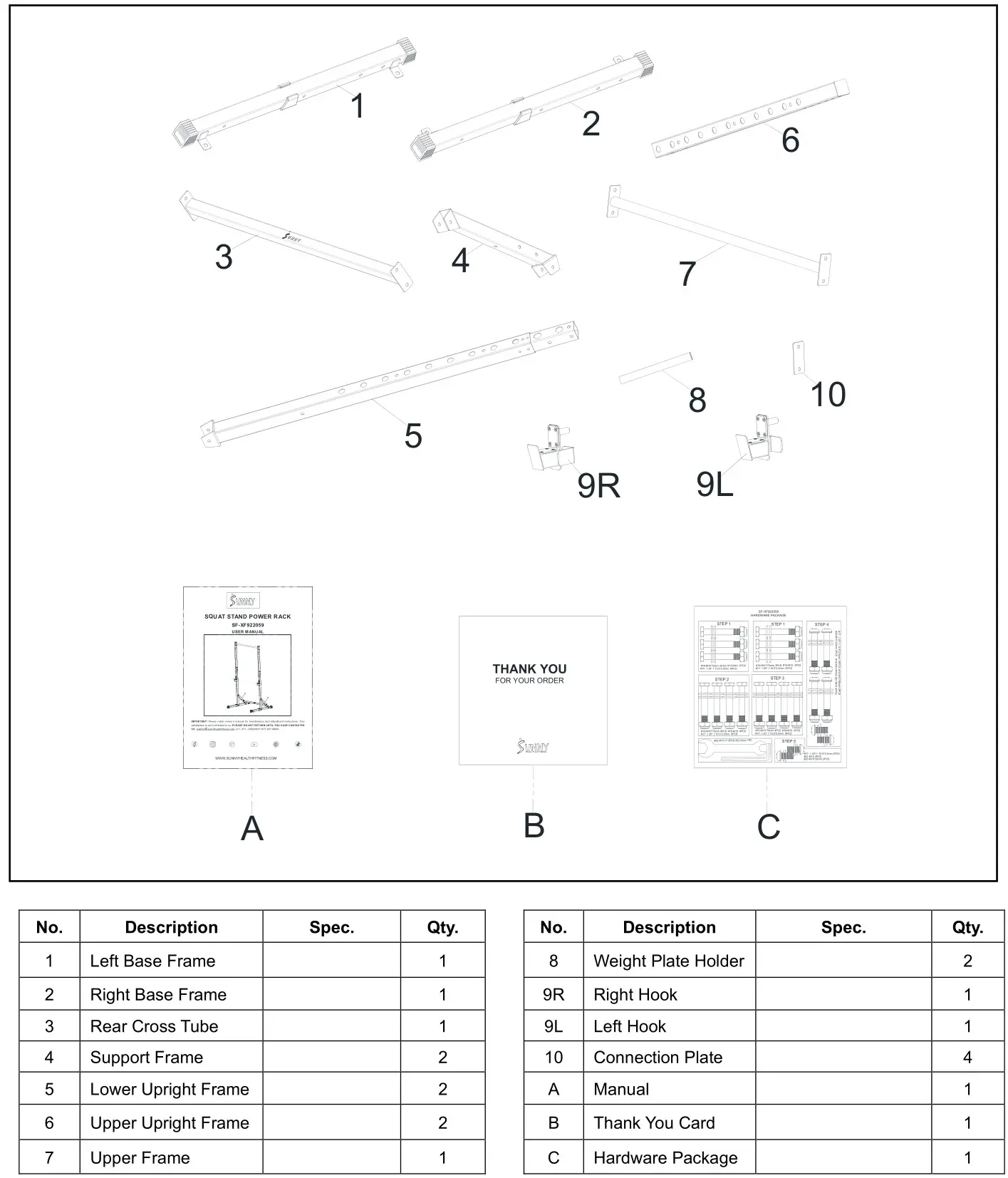 SUNNY HEALTH FITNESS SF-XF922059 Squat Stand Power Rack - PRE-ASSEMBLY CHECK LIST