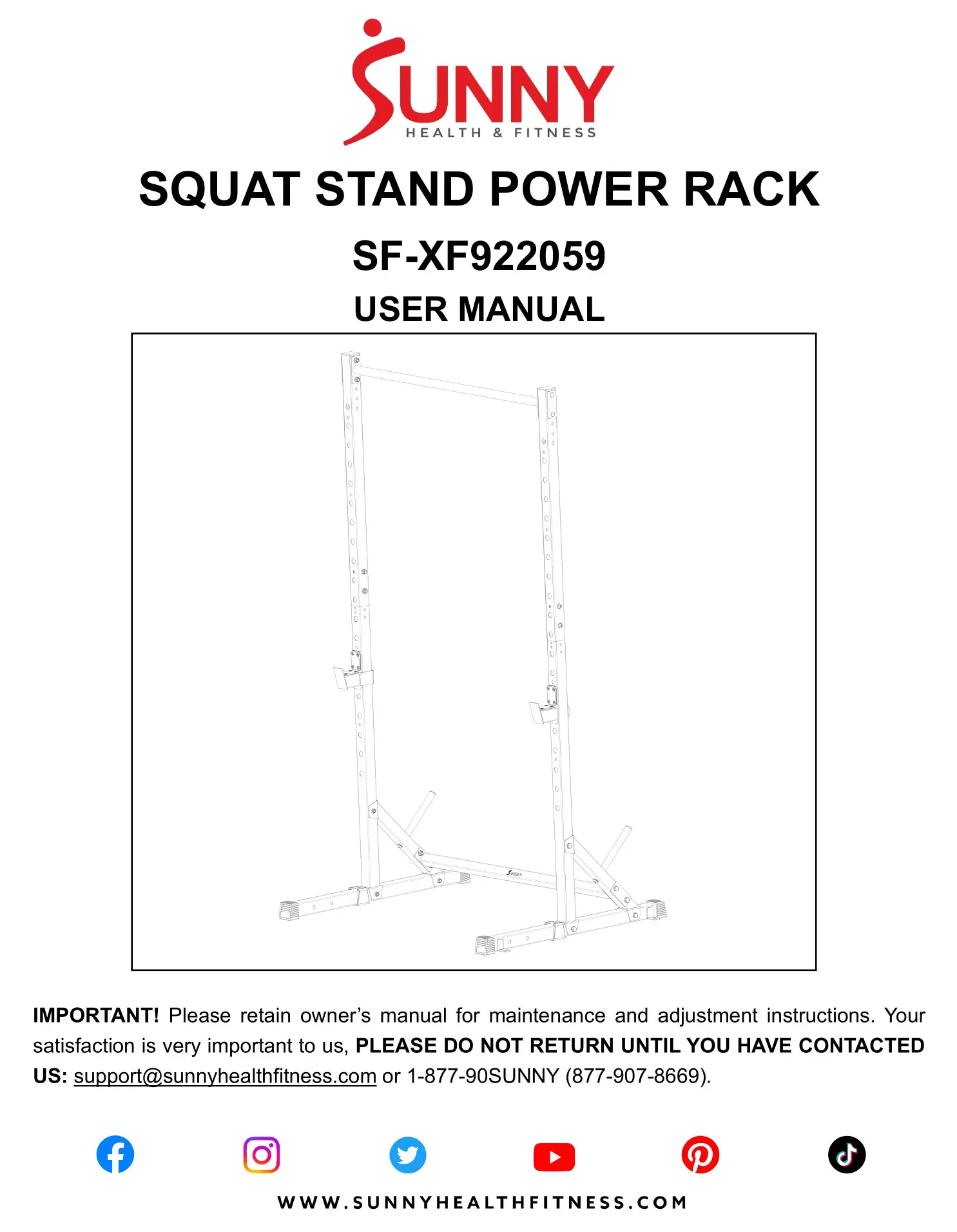 SUNNY HEALTH FITNESS SF-XF922059 Squat Stand Power Rack User Manual