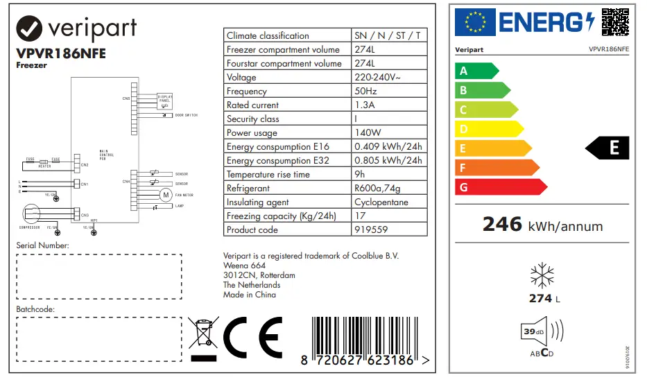 Veripart 919559 VPVR186NFE Freezer