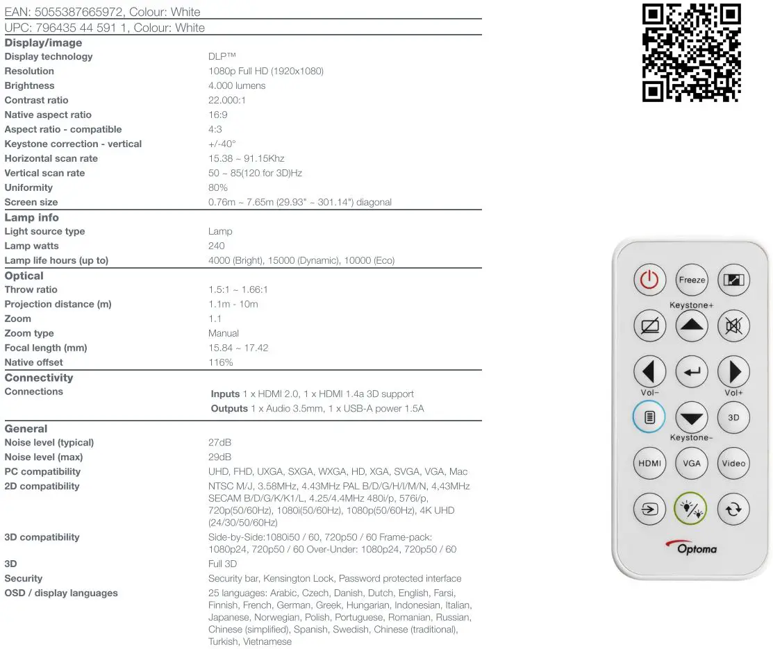 Optoma EH401 Compact Full HD Laser Projector Owner's Manual - Specifications