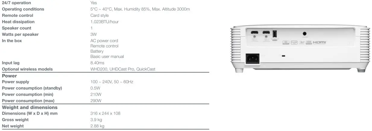 Optoma EH401 Compact Full HD Laser Projector Owner's Manual - Specifications