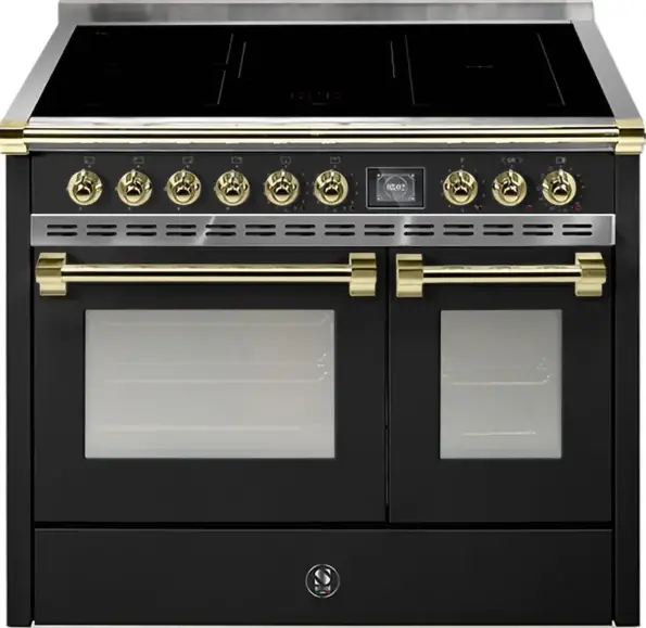 Steel-AQ10SF-5FI-BA-O-Ascot-100cm-Gloss-Black-with-Brass-Trim-Induction-Freestanding-Cooker-product