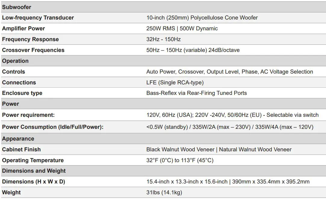 JBL L10CS Classic Series Subwoofer User Guide - Specifications