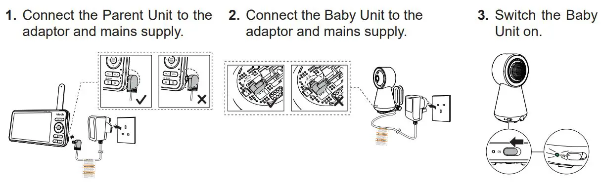 vtech RM5756HD Baby Monitor User Guide - Connect and power on the baby monitor