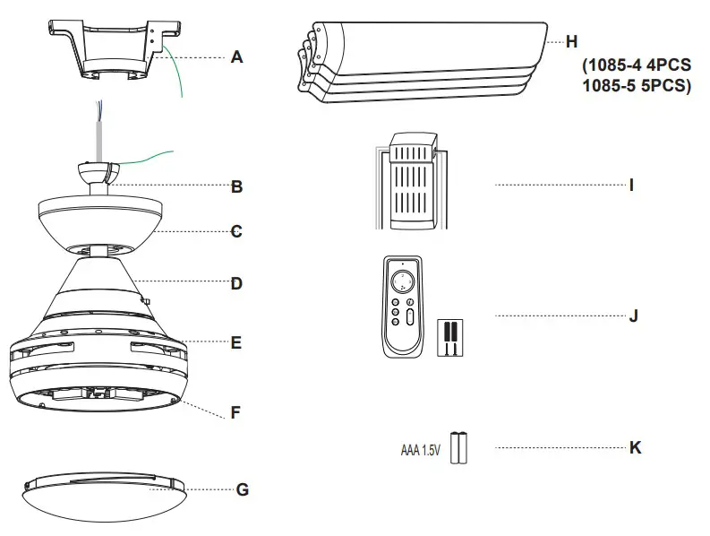 YUHAO 1085-4, 1085-5 Ceiling Fan - Specification