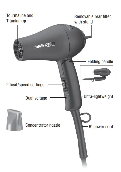 BaBylissPRO BABTT053T Tourmaline Titanium 1500 Dryer - HAIRDRYER