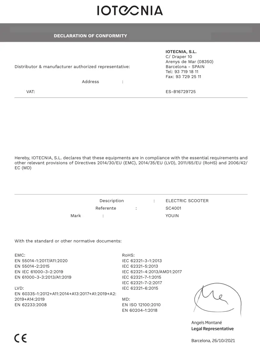 Youin XL2 Electric Scooter - DECLARATION OF CONFORMITY