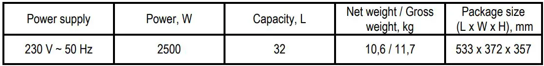 marta MT-EO4294B Electric Oven User Manual - SPECIFICATION