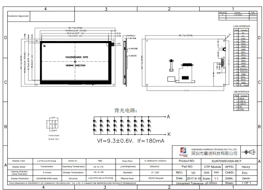 Surenoo SLV0700B-1024600 Series LVDs Interface TFT LCD Module - QR5