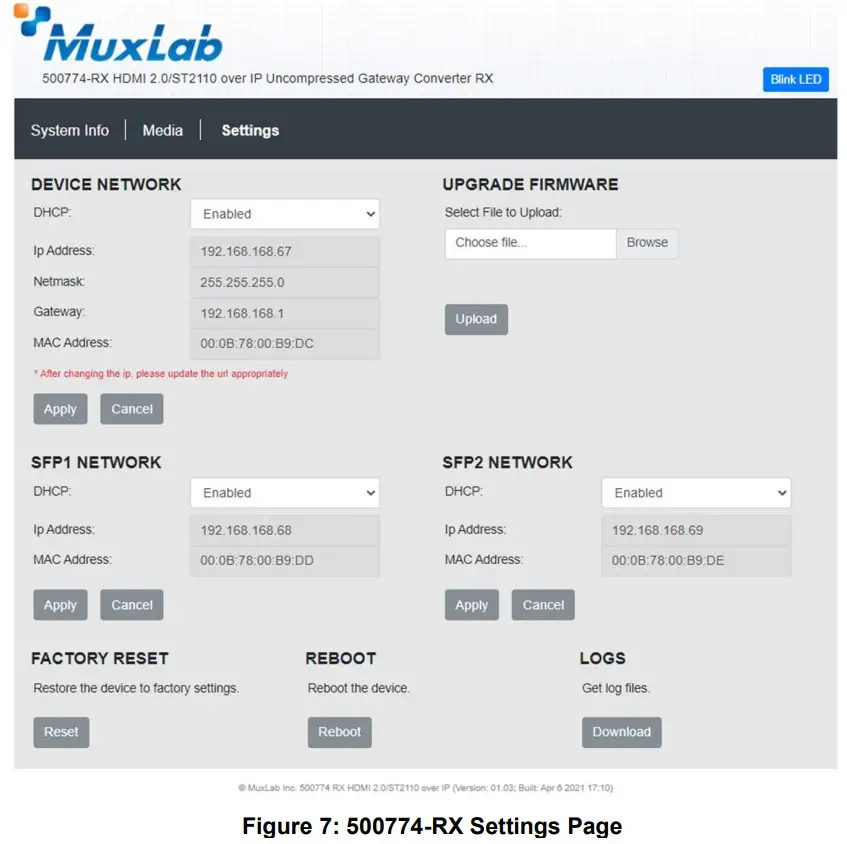 MuxLab Inc HDMI 4K ST2110 Over IP Uncompressed Gateway Converter - Receiver Settings