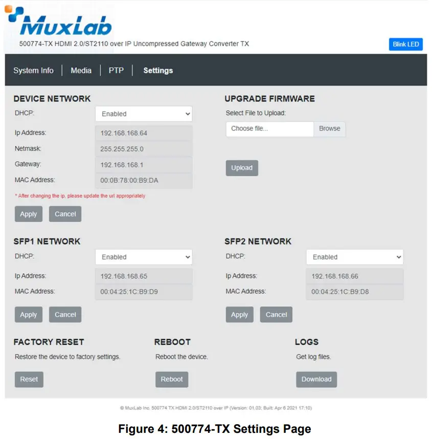 MuxLab Inc HDMI 4K ST2110 Over IP Uncompressed Gateway Converter - Settings Page