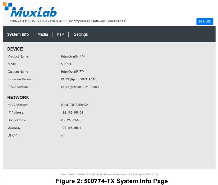 MuxLab Inc HDMI 4K ST2110 Over IP Uncompressed Gateway Converter - System Info