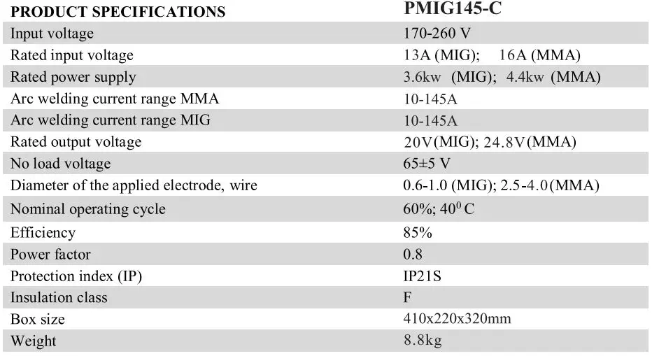 P I T PMIG145-C Automatic Welding Machine User Manual - Product Specifications
