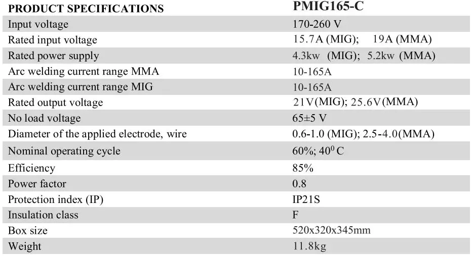 P I T PMIG145-C Automatic Welding Machine User Manual - Product Specifications