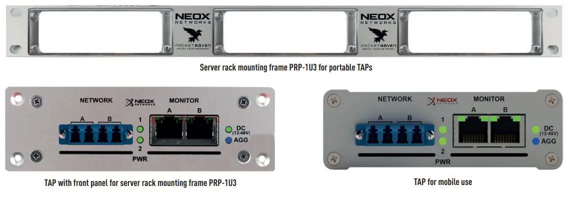NEOX NETWORKS NEOXPacketRaven Hybrid Singlemode Multimode 1G Fiber TAPs User Guide - Front panel - mobile or mounting kit