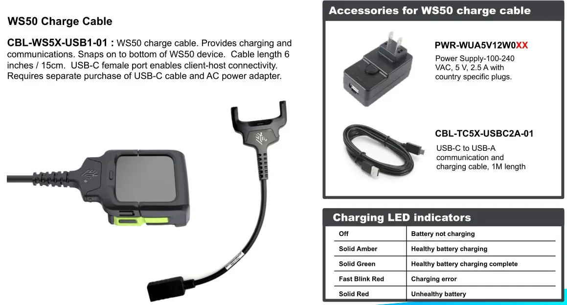 BLUESTAR WS50 Android Wearable Computer - WS50 Charge Cable