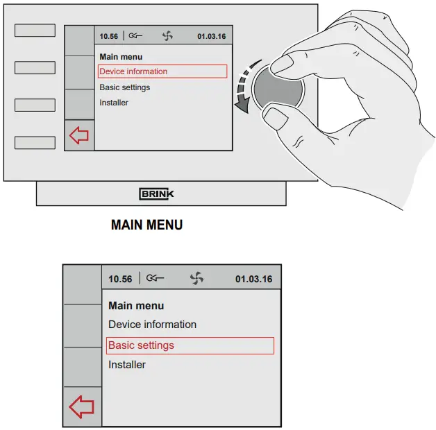 BRINK Sky 300 Mechanical Ventilation with Heat Recovery - MAIN MENU