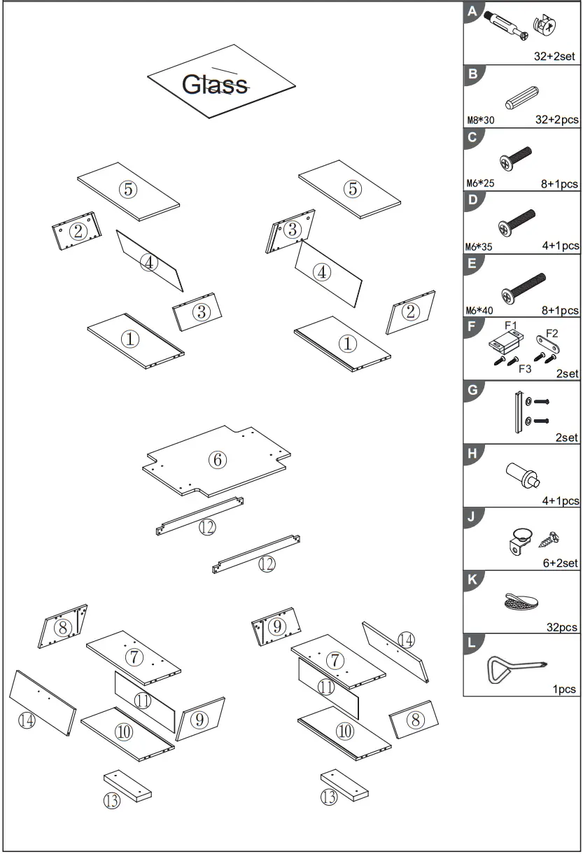 ModernLuxe L-WF299270AAK Glass Top Coffee Table with Open Shelves and Cabinets - PARTS LIST