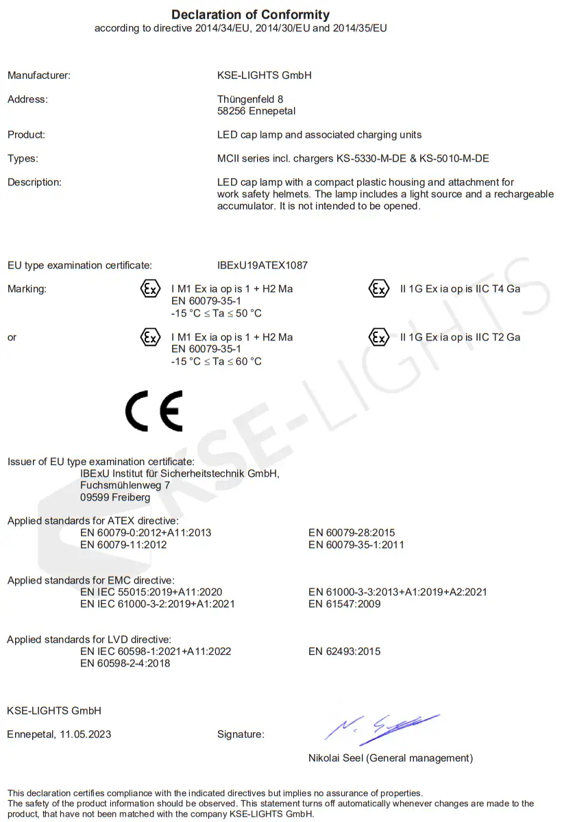KSE LIGHTS MCII Series CAP Lamp - Declaration of Conformity