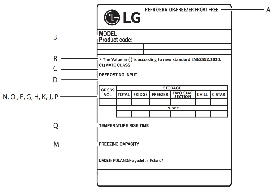 LG GBP62PZNCC1 Fridge and Freezer - Rating label 1