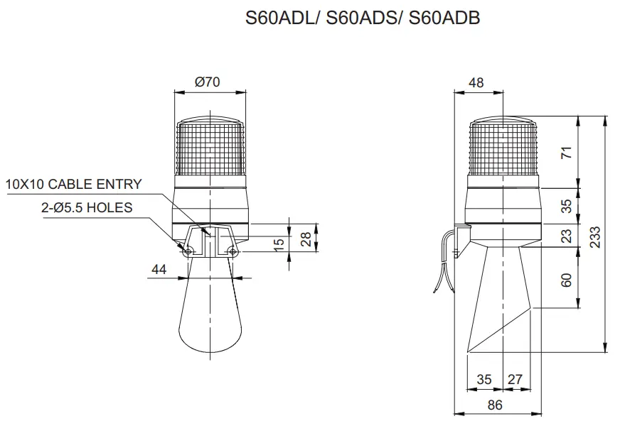 Qlight S60ADB Signal Light with High Volume Built In Buzzer - Dimensions