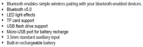 PROSCAN PSP1861 LED Light Up Bluetooth Speaker Instruction Manual - Features