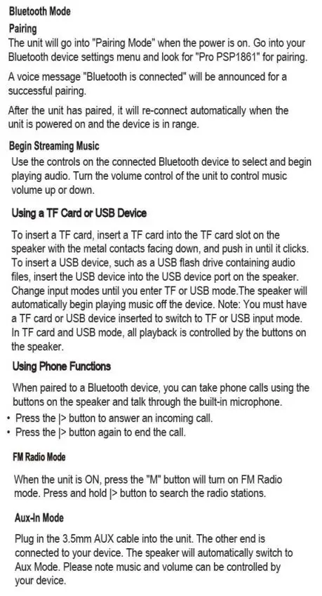 PROSCAN PSP1861 LED Light Up Bluetooth Speaker Instruction Manual - Instructions for use