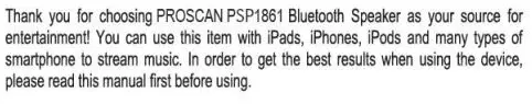 PROSCAN PSP1861 LED Light Up Bluetooth Speaker Instruction Manual - Introduction