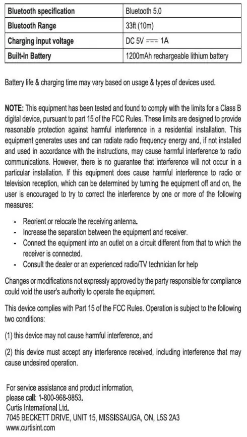 PROSCAN PSP1861 LED Light Up Bluetooth Speaker Instruction Manual - Specifications
