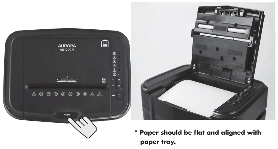 AURORA AS120CM Auto Feed Paper Shredders - Open lid and load paper