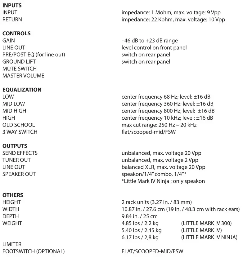Markbass 300 NINJA COMBO Little Mark IV - TECHNICAL DETAILS 1