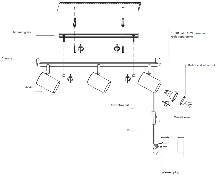 globe 91002806 3 Light Matte Brass Plug In Fixed Track Lighting Kit - fig 2