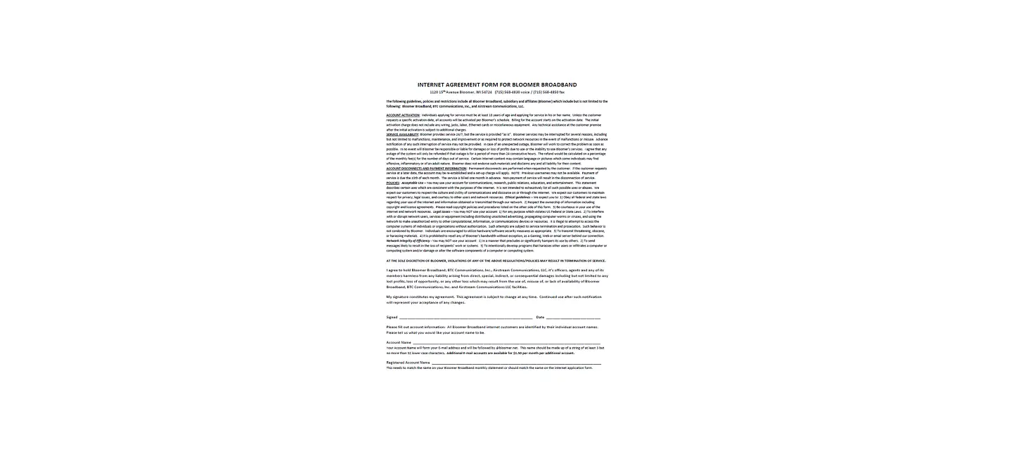 Bloomer Broadband Internet Agreement Form Instructions