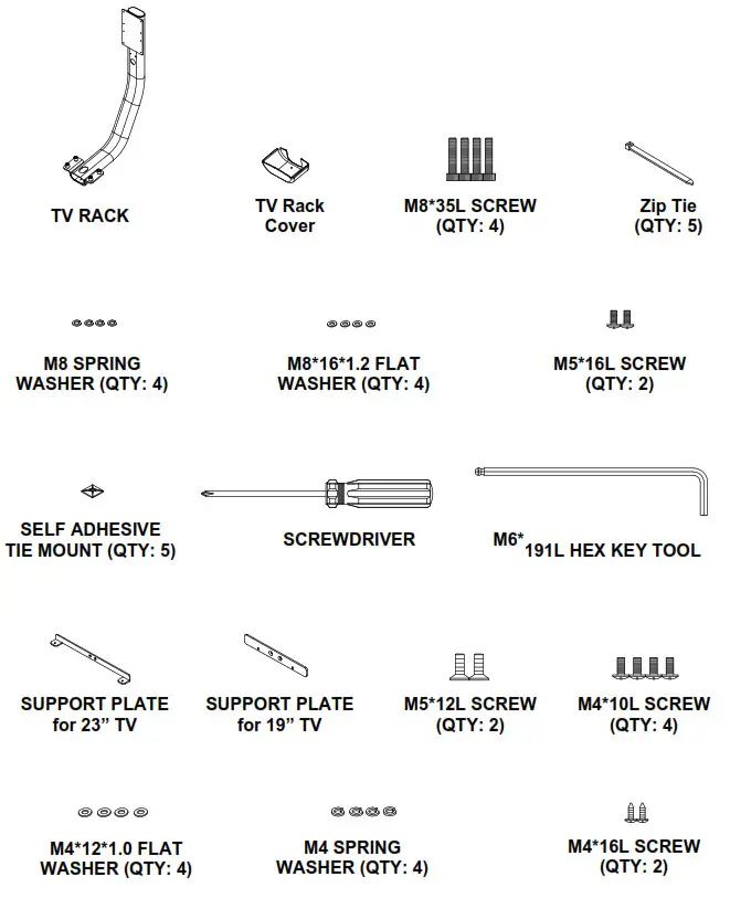 BODYCRAFT T1000 LCD Treadmill TV Rack - PARTS LIST