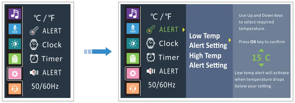 Babysense VBM55TX 5.5 Inch Split Screen Full HD 1080P Video Baby Monitor - Alert Setting