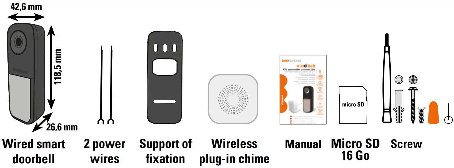 SCS sentinel CFI0026 VisioBell Wired Smart Doorbell and Wireless Chime - Kit content