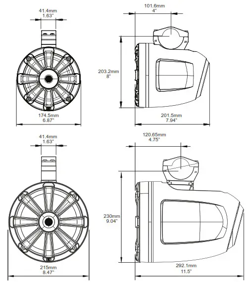MB QUART NHT2-116 Nautic 6.5 Inch Compression Horn Tower Speakers - Dimensions