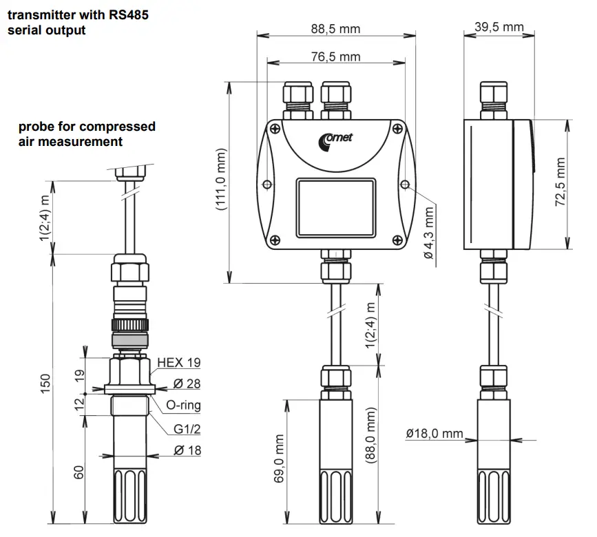 COMET T3319 Programmable Transmitter - Dimensions 1