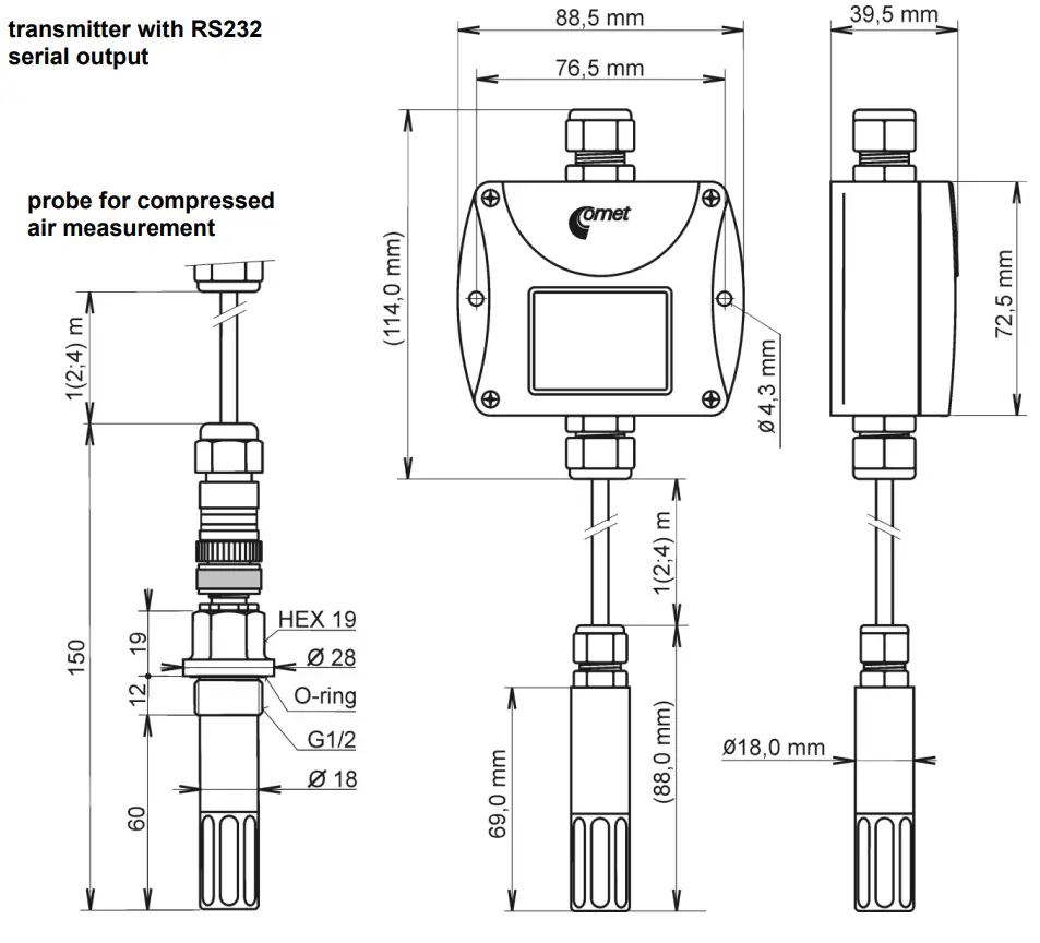 COMET T3319 Programmable Transmitter - Dimensions