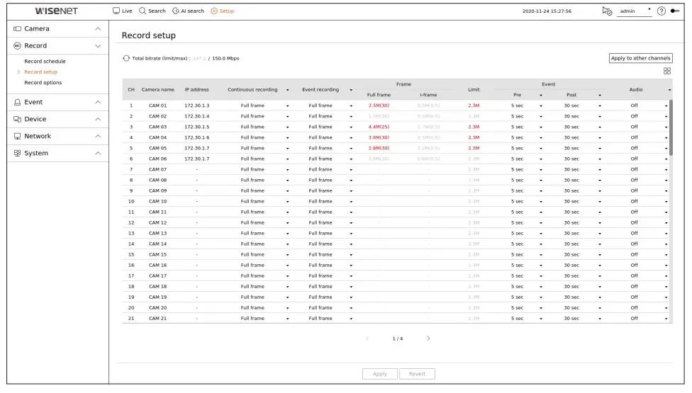 WISeNeT XRN 1620B2 Network Video Recorder - Record setup