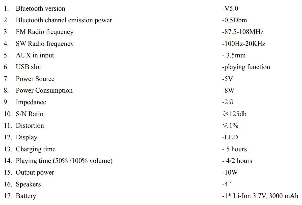 AKAI ABTS-V10 Portable Speaker User Manual - Technical specifications