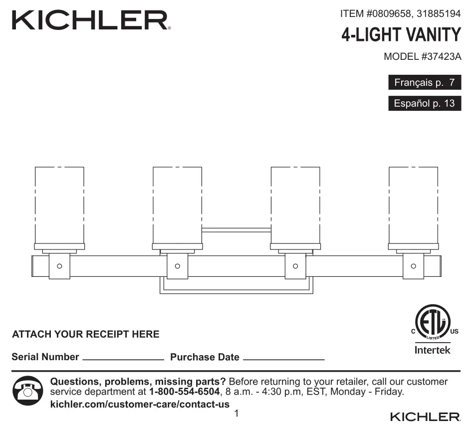 KICHLER 37423A 4 Light Vanity Instruction Manual