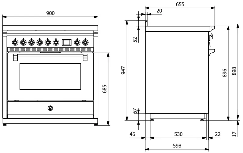 Steel AQ9S 5FI BA O Ascot 90cm Gloss Black with Brass Trim Induction Freestanding Cooker - Diagram