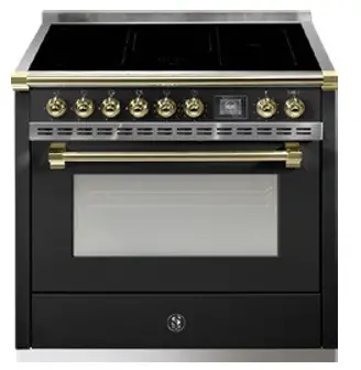 Steel AQ9S 5FI BA O Ascot 90cm Gloss Black with Brass Trim Induction Freestanding Cooker