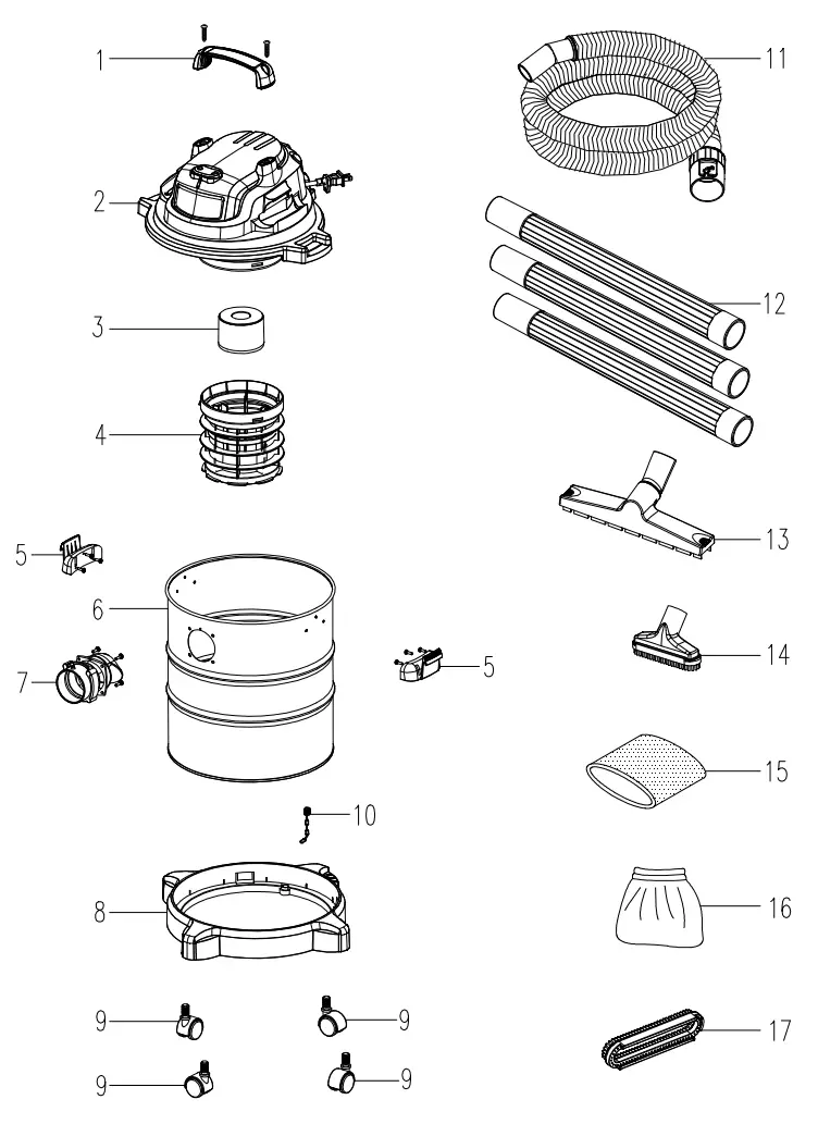 Vacmaster VOC507S Dry and Wet Vacuum Cleaner - EXPLODED VIEW