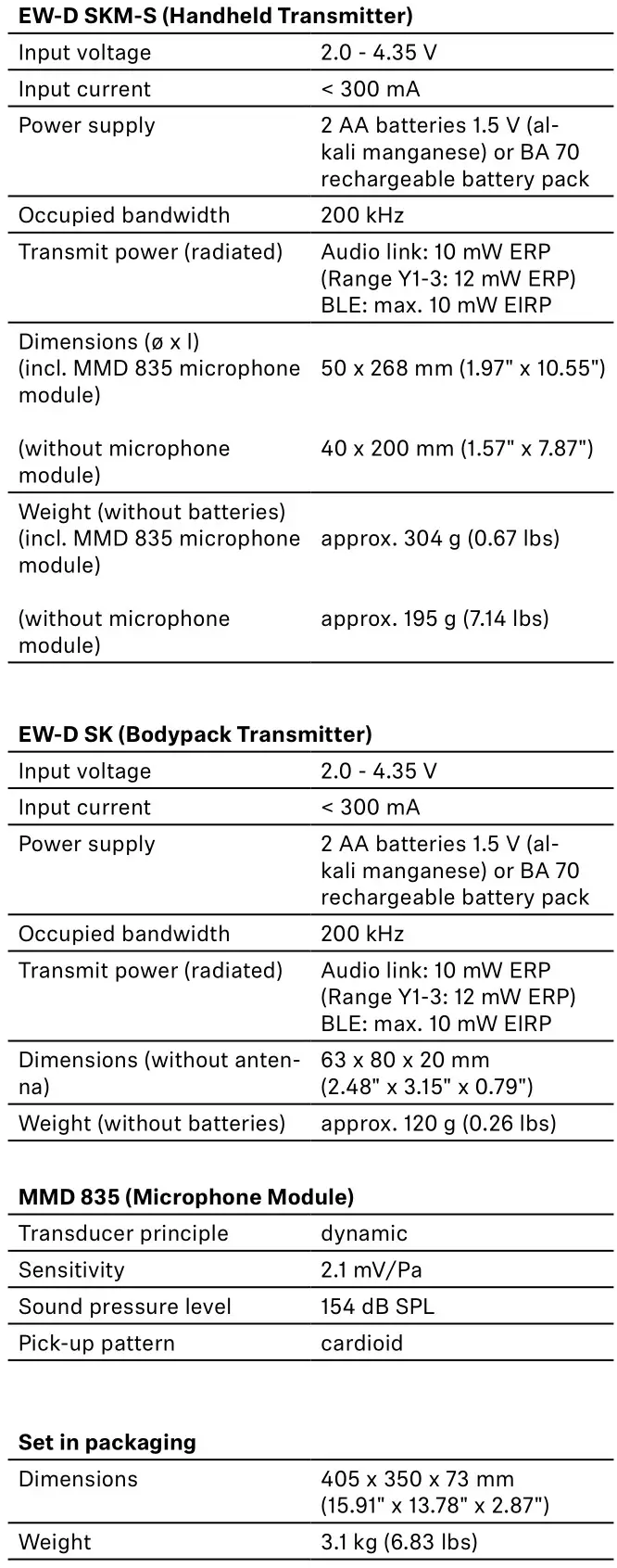 SENNHEISER EW-D ME2 Evolution Wireless Digital Combo Set - SPECIFICATIONS 2