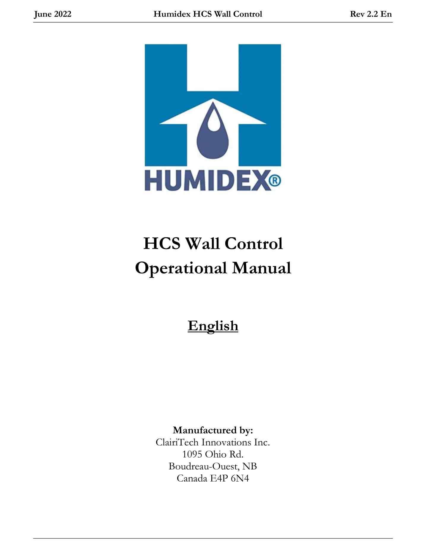 HUMIDEX HCS Wall Control User Manual